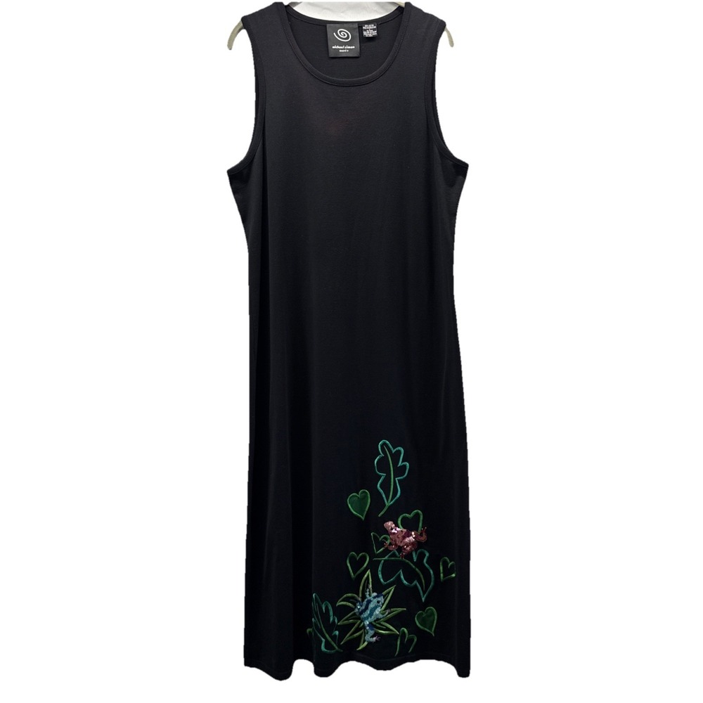 Michael Simon Event Maxi Dress L Sequin Embroidered Frog Sundress Black‎ Cotton
